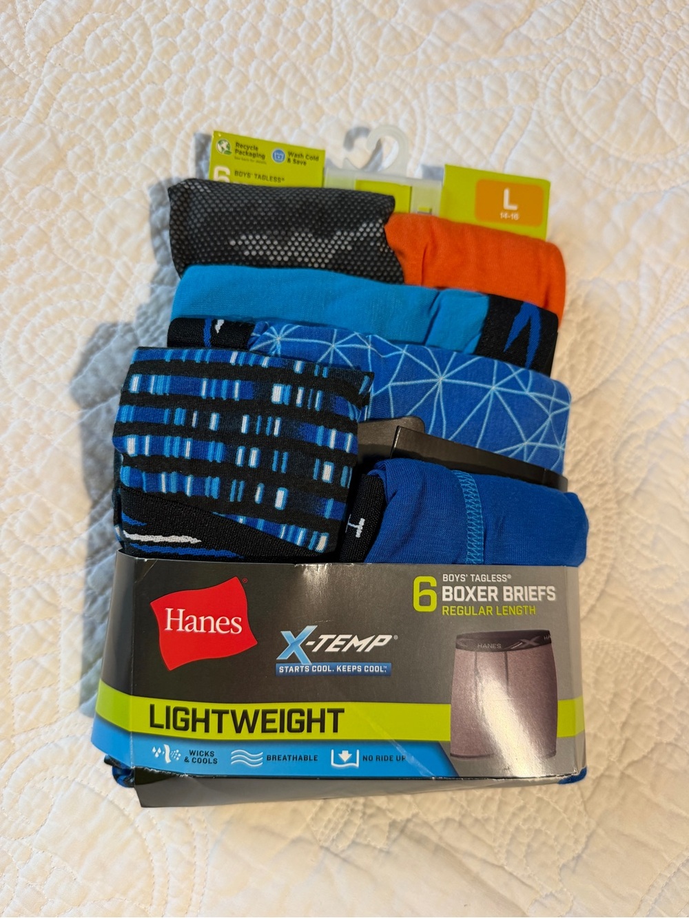 Hanes Boys' X-Temp 6-Pack Boxer‎ Briefs Size L 14-16 - Blue/Black/Orange NEW